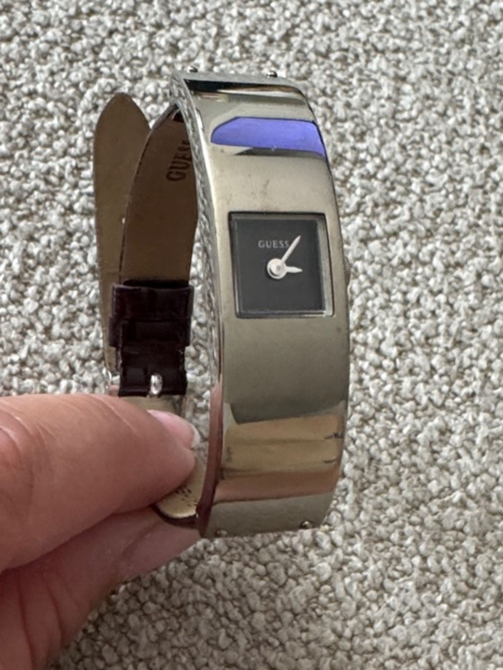 Vintage Guess Silver Bangle Watch with Black Dial and Dark wine Strap